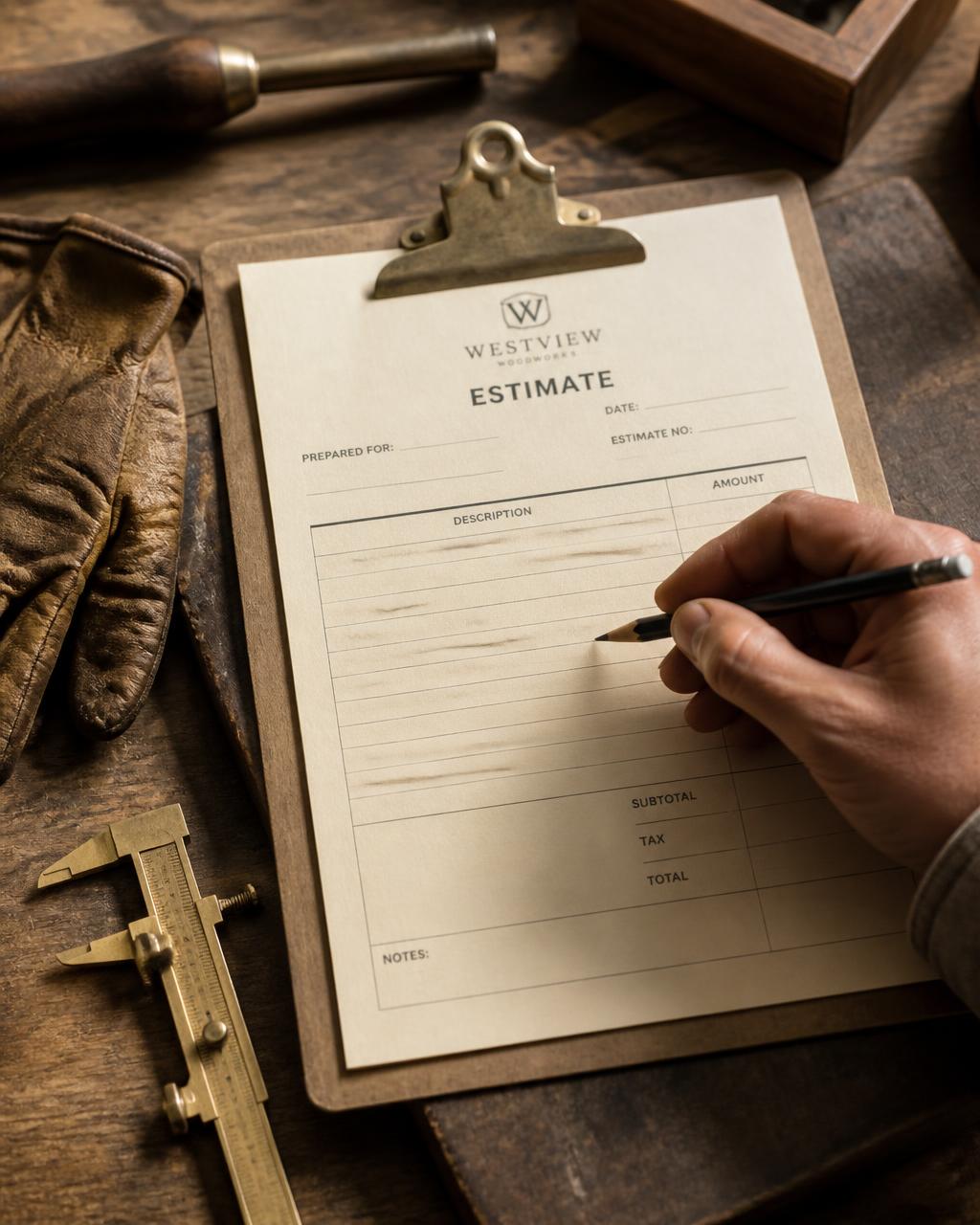 Clipboard estimate, brass calipers and work gloves arranged on a worn wood bench
